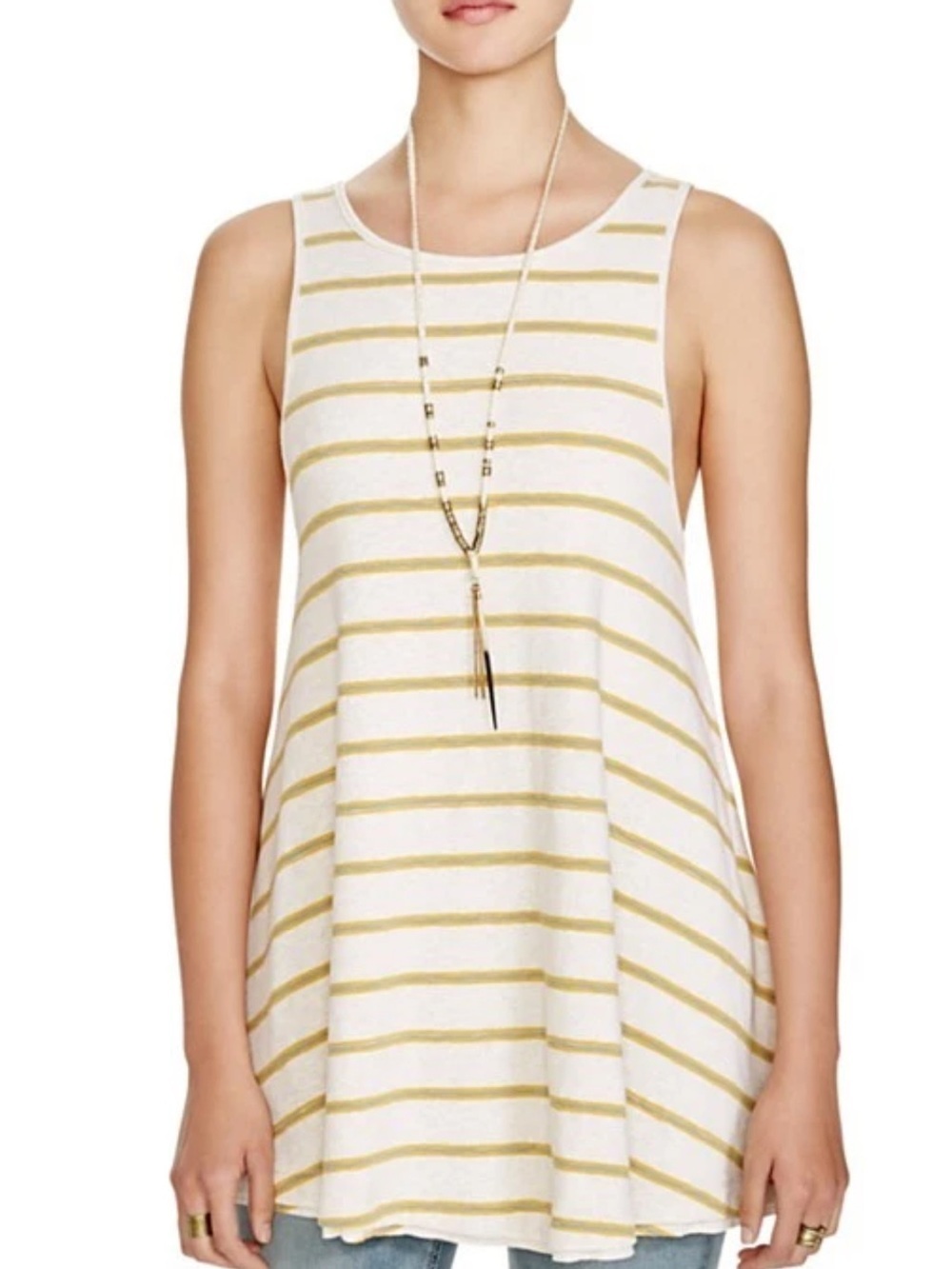 Free People We The Free White Tank Tunic with Gold and Blue Stripes